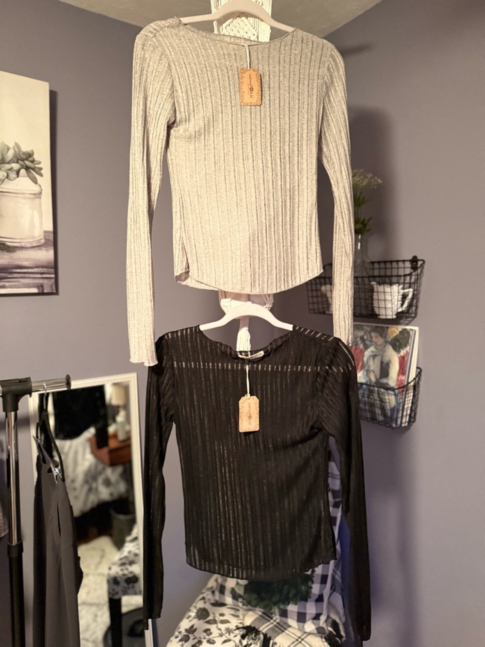 NWT SET/2 Natural Life Pearl Knit MEDIUM 
Layering Top BLACK & GRAY Semi Sheer